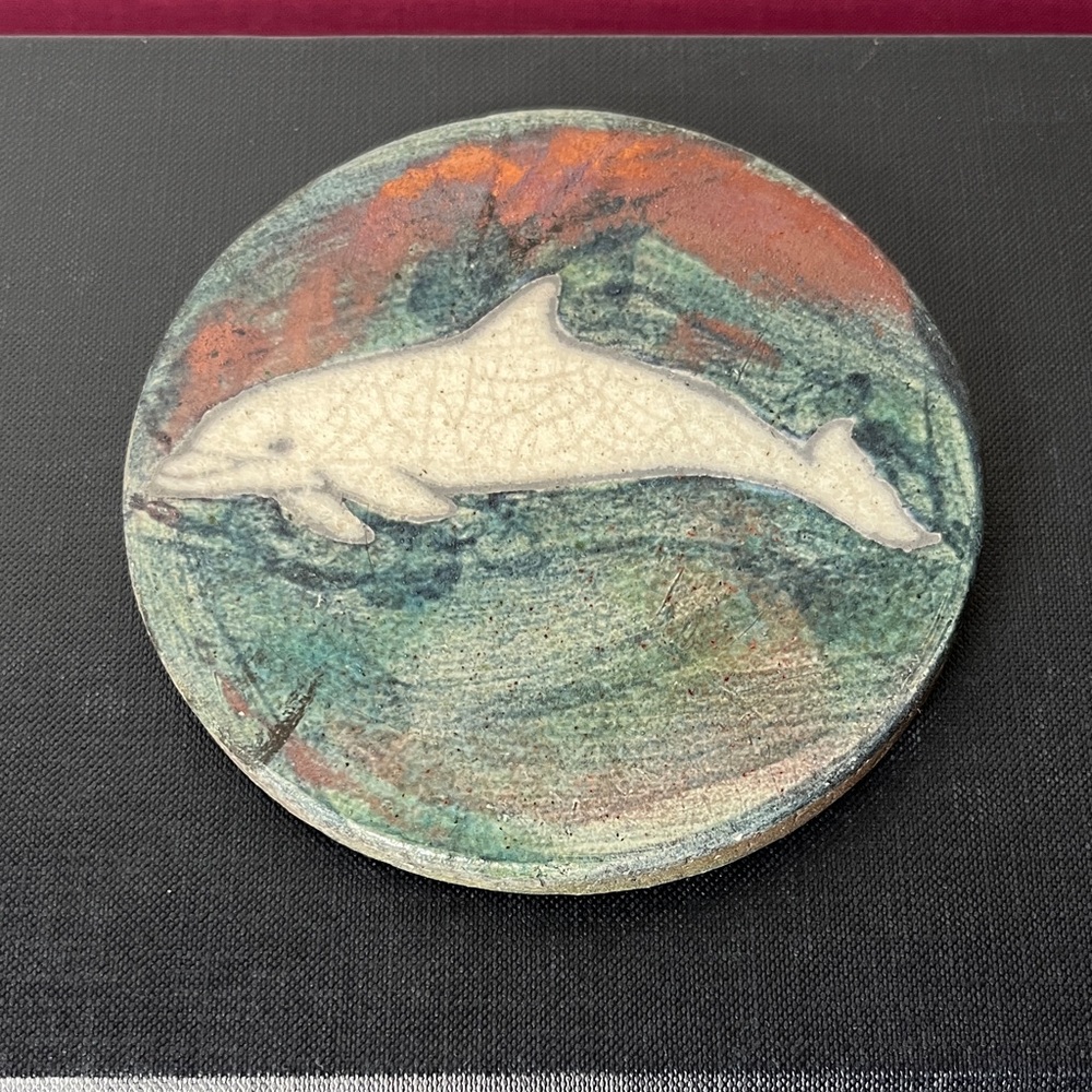 Handmade Signed‎ Bottlenose Dolphin Raku Pottery Coaster Trivet 2004